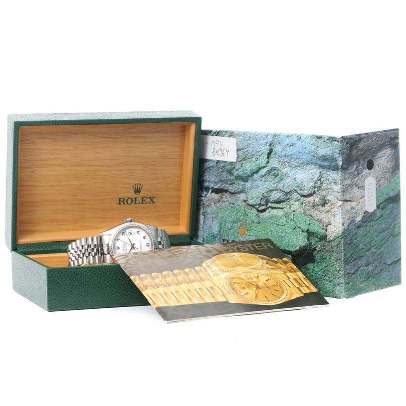 This image shows a Rolex Datejust 16234 Men's Stainless Steel White Dial 16234 Men's Stainless Steel White Dial watch placed inside an open Rolex box, with the outer box and watch booklet partially visible.