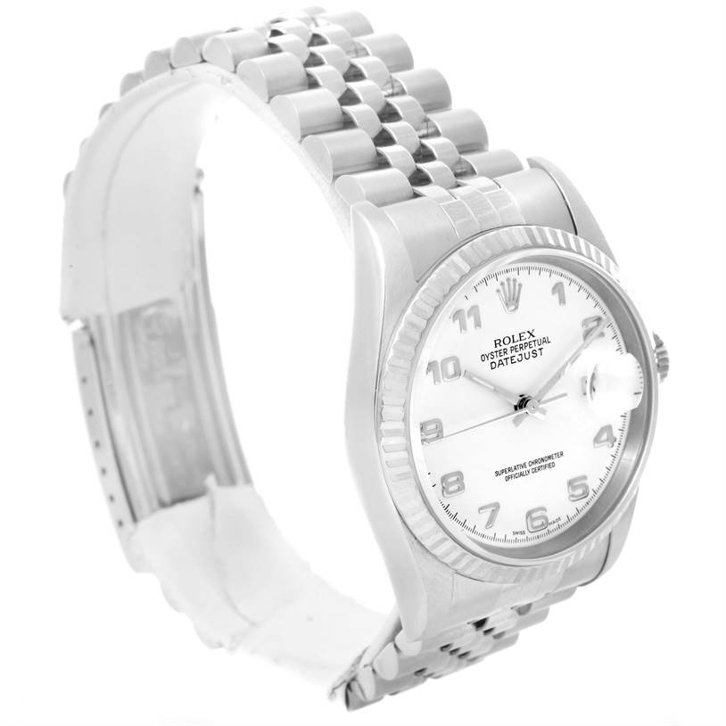 The image shows a side angle of a Rolex Datejust 16234 Men's Stainless Steel White Dial 16234 Men's Stainless Steel White Dial watch, highlighting the dial, bezel, and part of the bracelet.