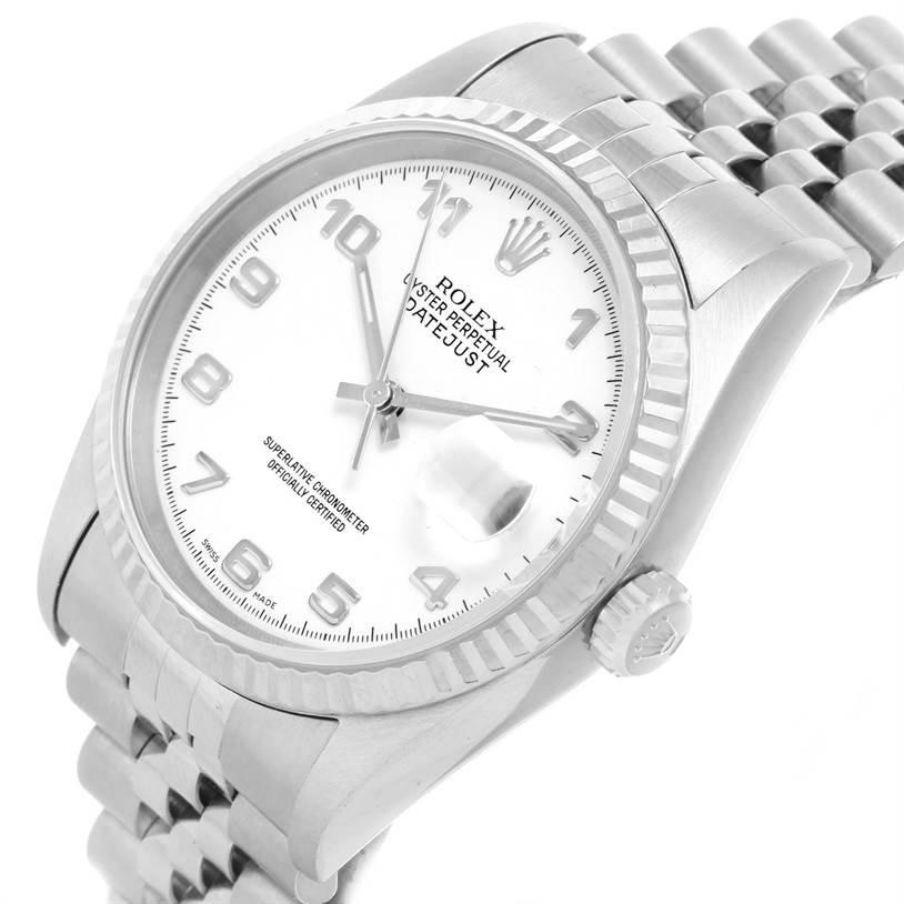The Rolex Datejust 16234 Men's Stainless Steel White Dial 16234 Men's Stainless Steel White Dial watch is shown from a three-quarter angle, highlighting the dial, bezel, crown, and Jubilee bracelet.