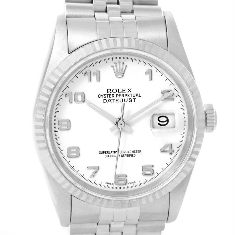 This image shows a front view of a Rolex Datejust 16234 Men's Stainless Steel White Dial 16234 Men's Stainless Steel White Dial watch with a white dial, silver numbers, and a metal bracelet.