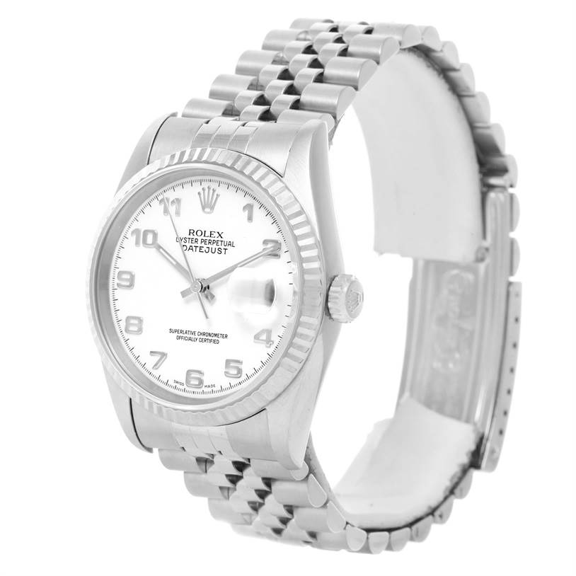 The image shows a Rolex Datejust 16234 Men's Stainless Steel White Dial 16234 Men's Stainless Steel White Dial watch at a slight angle, displaying its face, bezel, and part of the Jubilee bracelet.