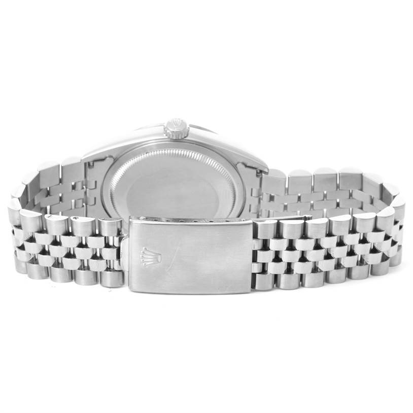 This image shows the back view of the Rolex Datejust 16234 Men's Stainless Steel White Dial 16234 Men's Stainless Steel White Dial watch, highlighting its case and bracelet.