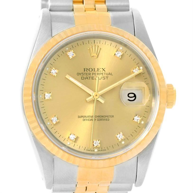 The image shows a Rolex Datejust 16233 Men's Steel and Gold (two tone) Champagne Dial 16233 Men's Steel and Gold (two tone) Champagne Dial watch from a front angle, displaying its face, bezel, hands, and part of the bracelet.
