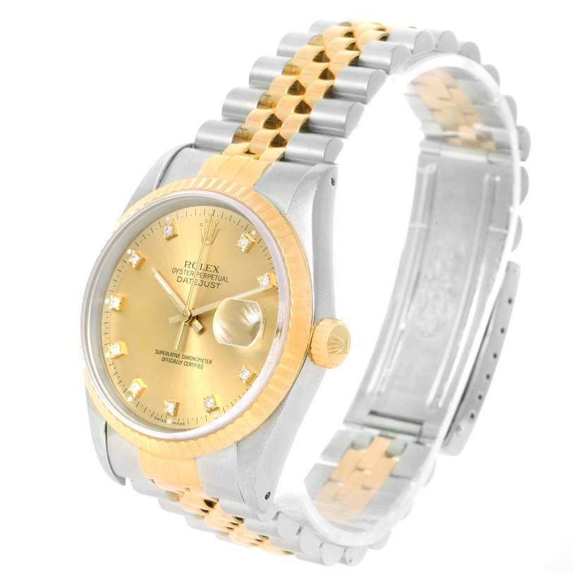 The image shows an angled side view of a Rolex Datejust 16233 Men's Steel and Gold (two tone) Champagne Dial 16233 Men's Steel and Gold (two tone) Champagne Dial watch, highlighting its gold and silver Jubilee bracelet and champagne dial.