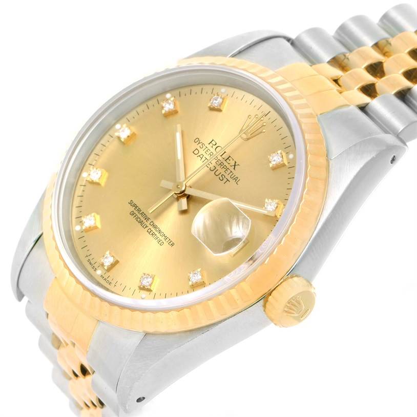 The image shows a Rolex Datejust 16233 Men's Steel and Gold (two tone) Champagne Dial 16233 Men's Steel and Gold (two tone) Champagne Dial watch at a slight angle, highlighting the face, bezel, crown, and part of the bracelet.