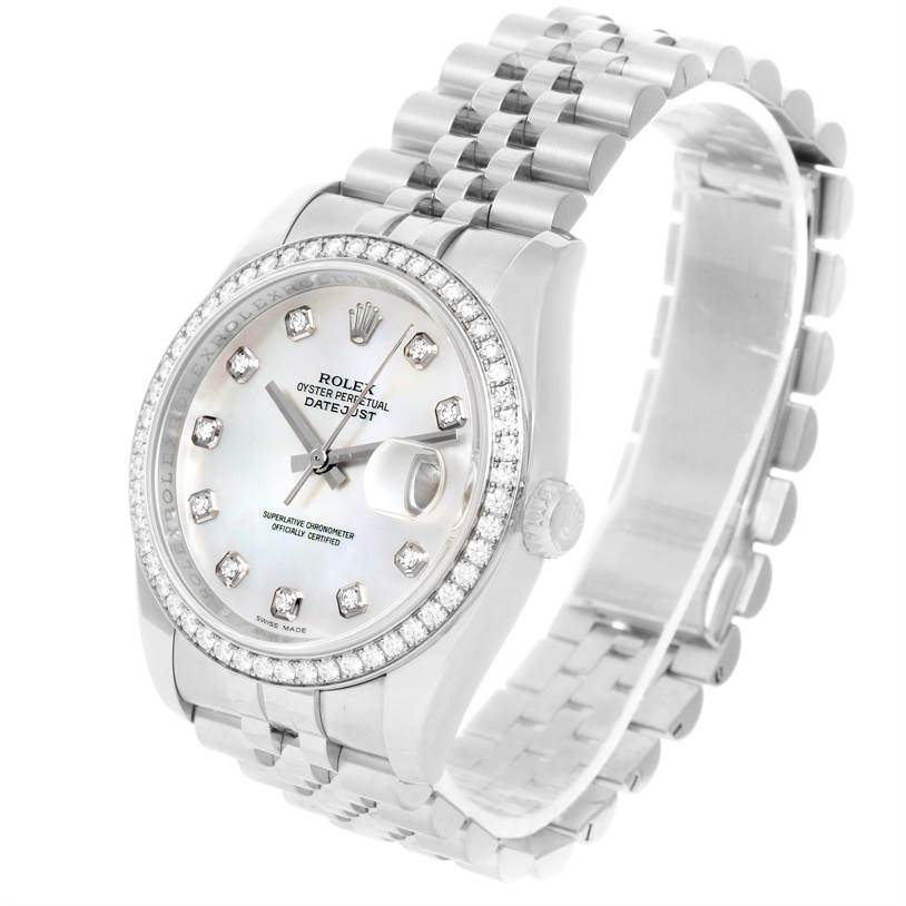 The image shows a Rolex Datejust 116244 Men's Stainless Steel Mother of Pearl Dial 116244 Men's Stainless Steel Mother of Pearl Dial watch from a front angle, highlighting its dial, bezel, and bracelet.