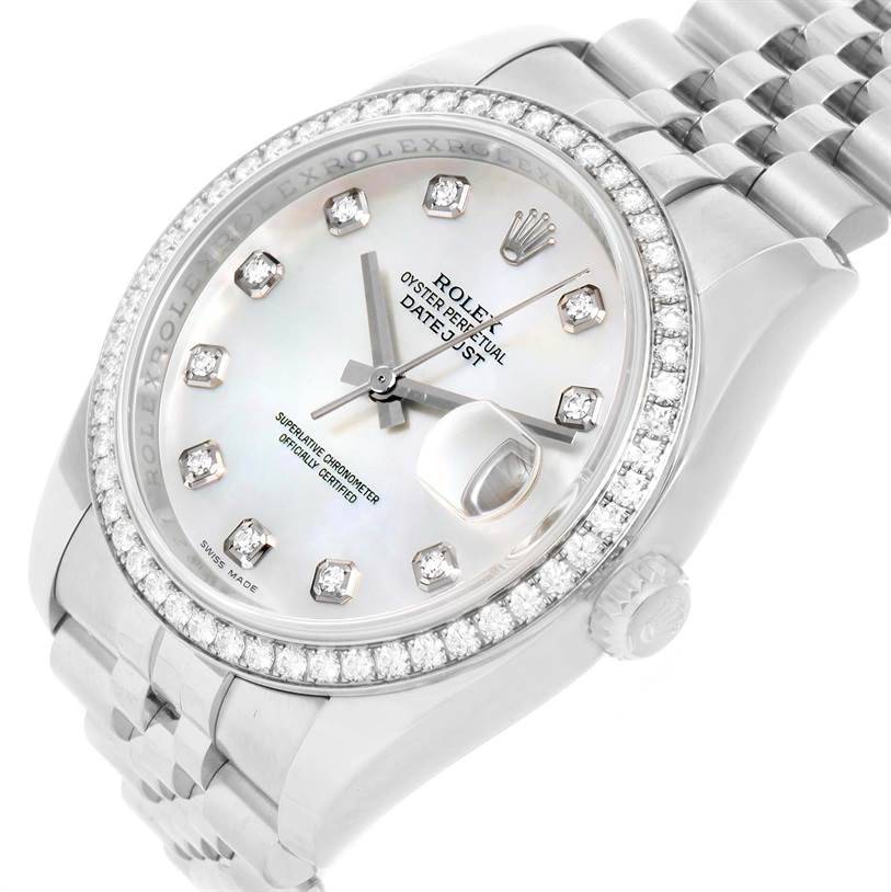 This image shows a close-up of the Rolex Datejust 116244 Men's Stainless Steel Mother of Pearl Dial 116244 Men's Stainless Steel Mother of Pearl Dial watch, highlighting the face, bezel, and part of the bracelet.