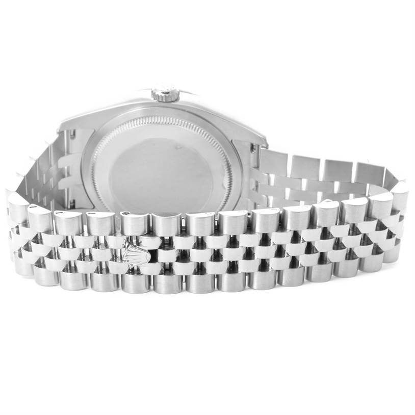 The image shows the back case and jubilee bracelet of a Rolex Datejust 116244 Men's Stainless Steel Mother of Pearl Dial 116244 Men's Stainless Steel Mother of Pearl Dial watch from a rear angle.