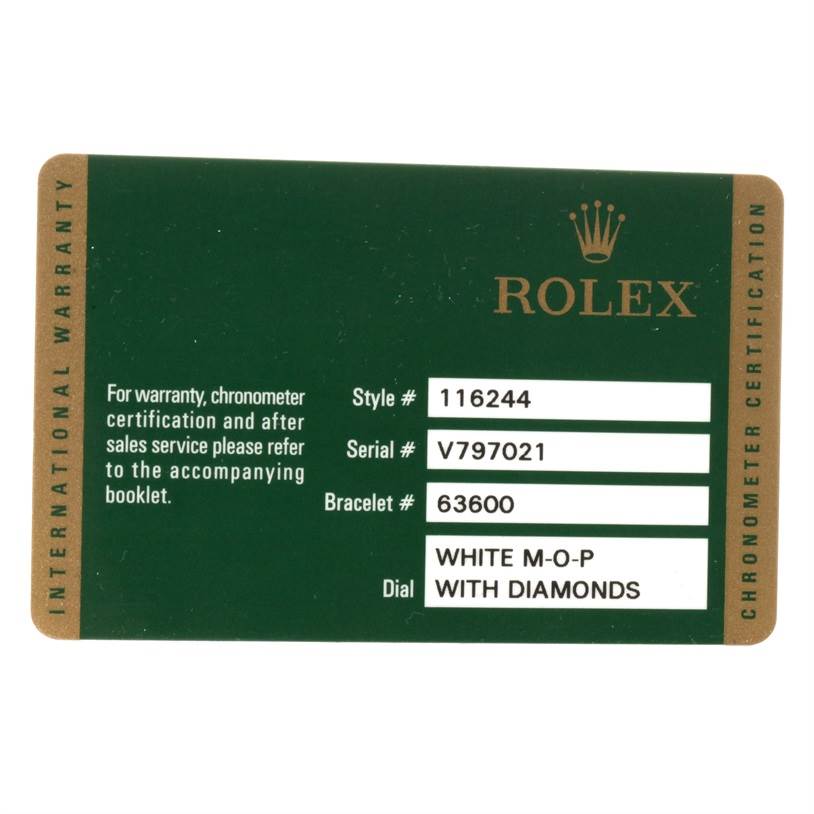 This is a warranty card for a Rolex Datejust 116244 Men's Stainless Steel Mother of Pearl Dial 116244 Men's Stainless Steel Mother of Pearl Dial model (Style #: 116244) with details including serial, bracelet, and dial information.