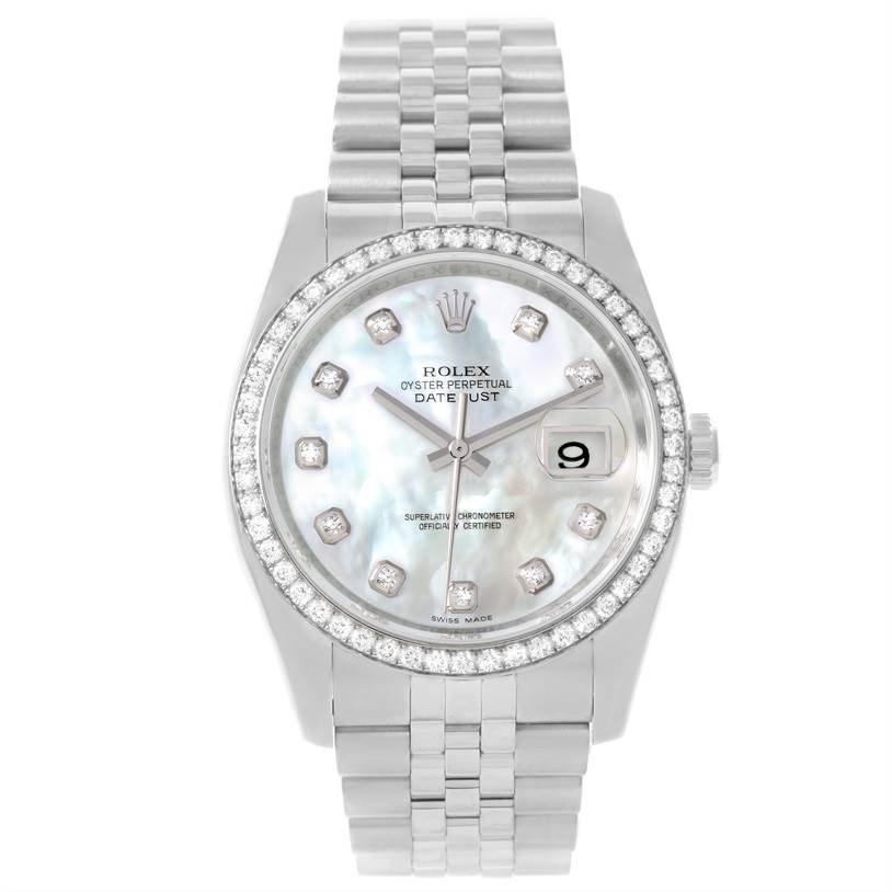 The image shows the Rolex Datejust 116244 Men's Stainless Steel Mother of Pearl Dial 116244 Men's Stainless Steel Mother of Pearl Dial watch from a front angle, highlighting its face, bezel, and bracelet.
