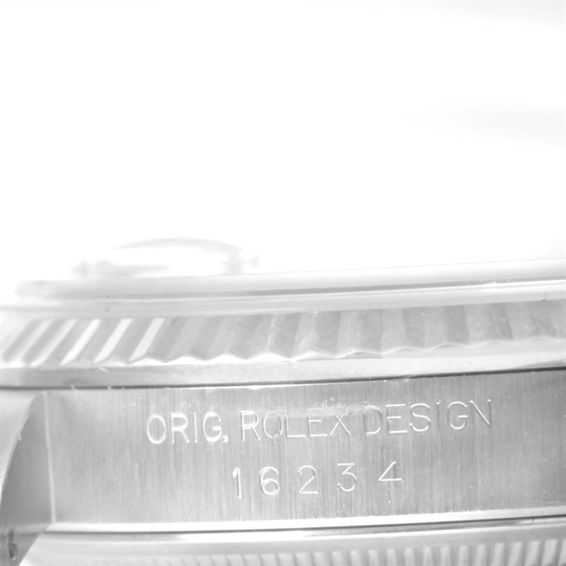 The image shows a close-up side view of the casing of a Rolex Datejust 16234 Men's Stainless Steel White Dial 16234 Men's Stainless Steel White Dial watch, featuring the model number 16234 engraved.
