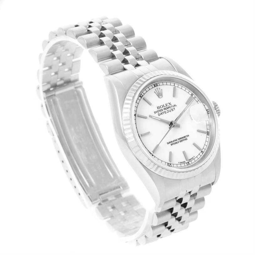 The image shows a Rolex Datejust 16234 Men's Stainless Steel White Dial 16234 Men's Stainless Steel White Dial watch, angled to display its face and bracelet clearly.