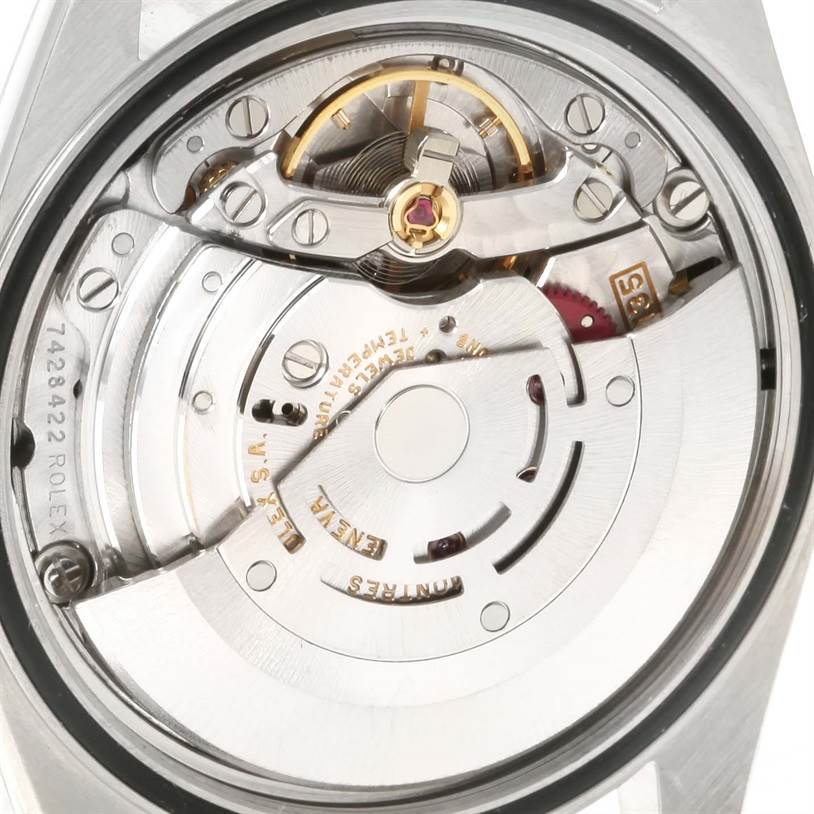 This image shows the exposed movement and inner mechanism of a Rolex Datejust 16234 Men's Stainless Steel White Dial 16234 Men's Stainless Steel White Dial watch, viewed from the case back.