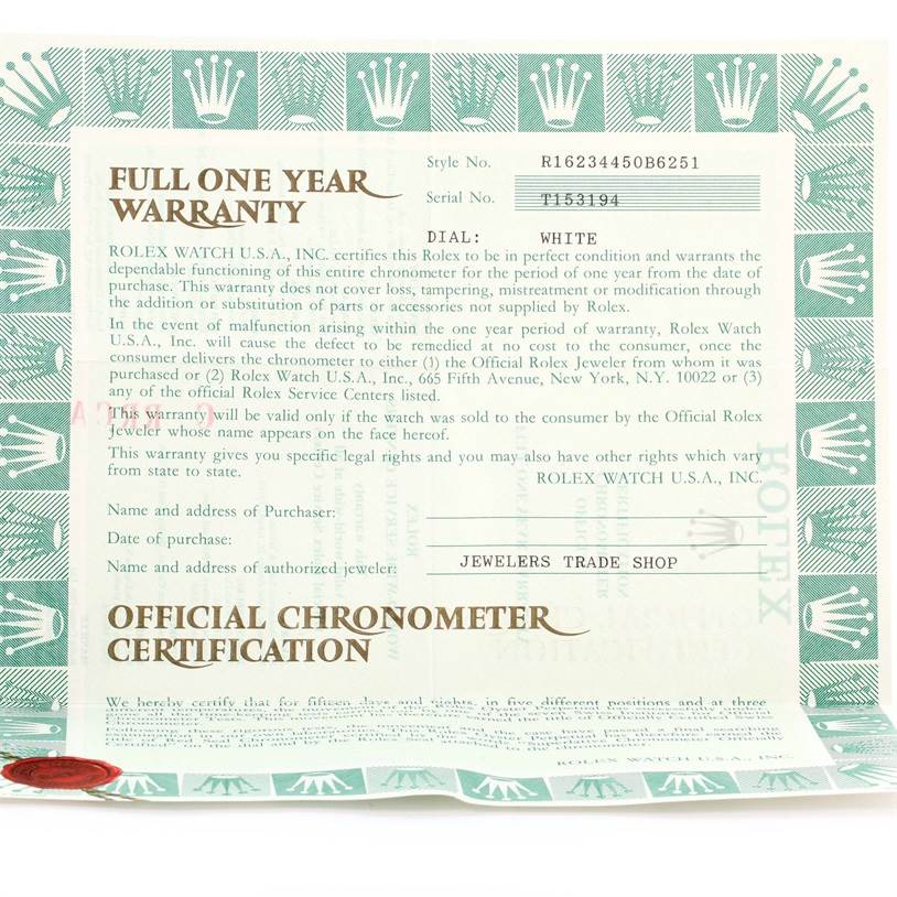 This image shows the official chronometer certification and one-year warranty card for a Rolex Datejust 16234 Men's Stainless Steel White Dial 16234 Men's Stainless Steel White Dial watch.