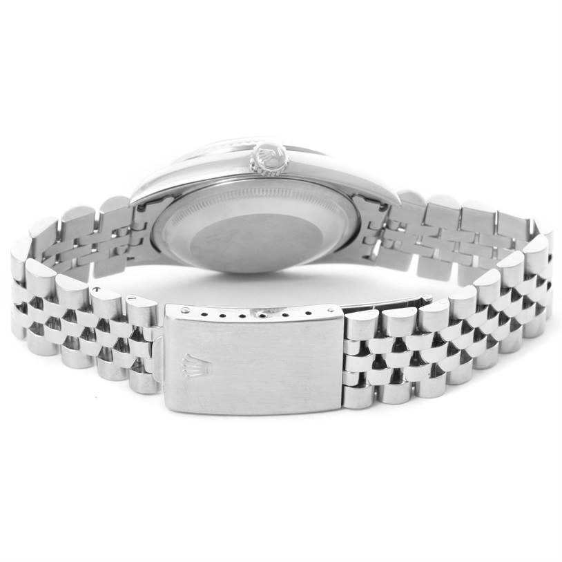 This image shows the back view of the Rolex Datejust 16234 Men's Stainless Steel White Dial 16234 Men's Stainless Steel White Dial with its stainless steel case and jubilee bracelet.