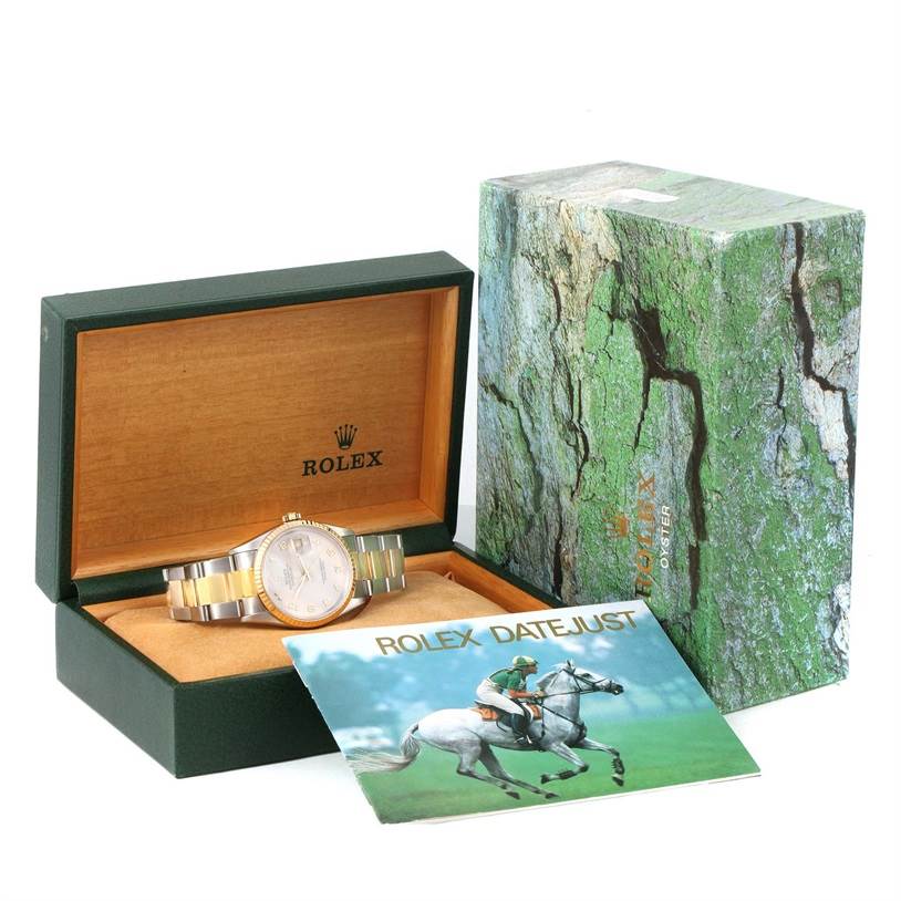 The image shows a Rolex Datejust 16233 Men's Steel and Gold (two tone) Beige Dial 16233 Men's Steel and Gold (two tone) Beige Dial watch in its open case, alongside the outer box and a booklet.