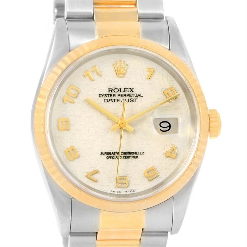 The image shows a front view of the Rolex Datejust 16233 Men's Steel and Gold (two tone) Beige Dial 16233 Men's Steel and Gold (two tone) Beige Dial watch, highlighting the face, bezel, and bracelet.