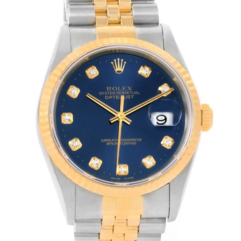 This Rolex Datejust 16233 Men's Steel and Gold (two tone) Blue Dial 16233 Men's Steel and Gold (two tone) Blue Dial watch is shown from a top-down angle, highlighting the dial, bezel, crown, and part of the bracelet.