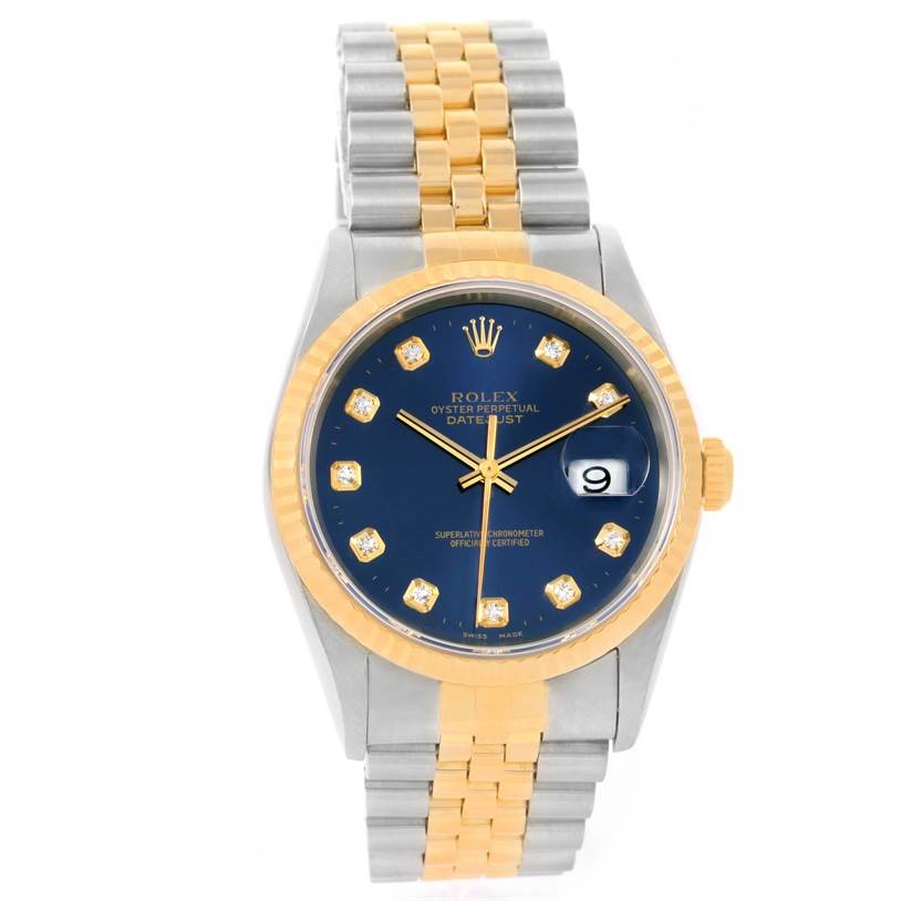 The Rolex Datejust 16233 Men's Steel and Gold (two tone) Blue Dial 16233 Men's Steel and Gold (two tone) Blue Dial watch is shown from a front angle, displaying its two-tone band, blue dial, date display, and diamond hour markers.