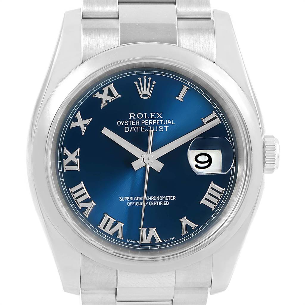 The image shows a front view of the Rolex Datejust 116200 Men's Stainless Steel Blue Dial 116200 Men's Stainless Steel Blue Dial watch, highlighting the blue dial, Roman numerals, and date magnifier.