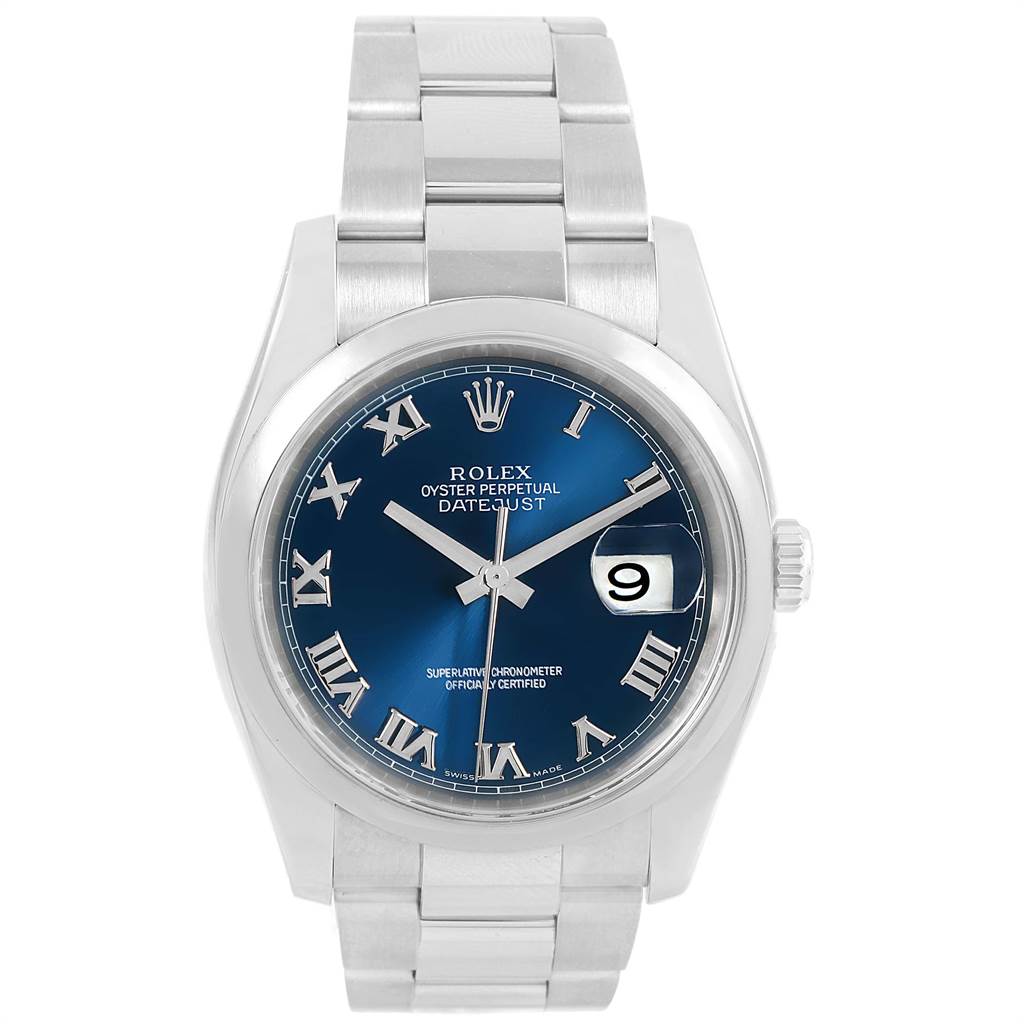 This image shows a front view of a Rolex Datejust 116200 Men's Stainless Steel Blue Dial 116200 Men's Stainless Steel Blue Dial watch, displaying the dial, hands, date window, and bracelet.