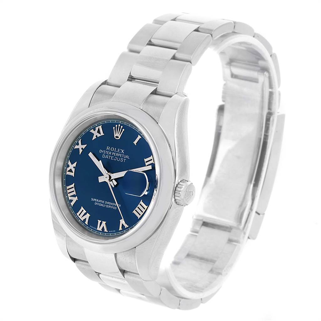 The Rolex Datejust 116200 Men's Stainless Steel Blue Dial 116200 Men's Stainless Steel Blue Dial watch is shown at a three-quarter angle, highlighting its blue dial, Roman numerals, and stainless steel bracelet.