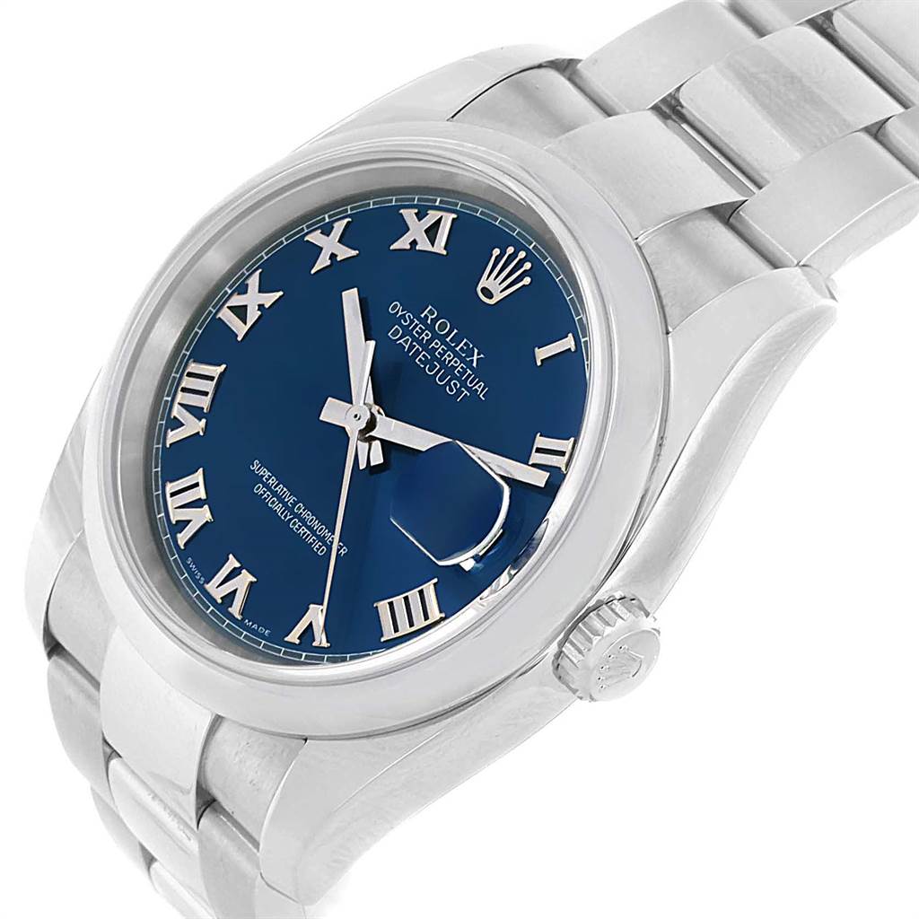 A Rolex Datejust 116200 Men's Stainless Steel Blue Dial 116200 Men's Stainless Steel Blue Dial watch is shown at a slight angle, featuring its blue dial, Roman numerals, and a stainless steel bracelet.