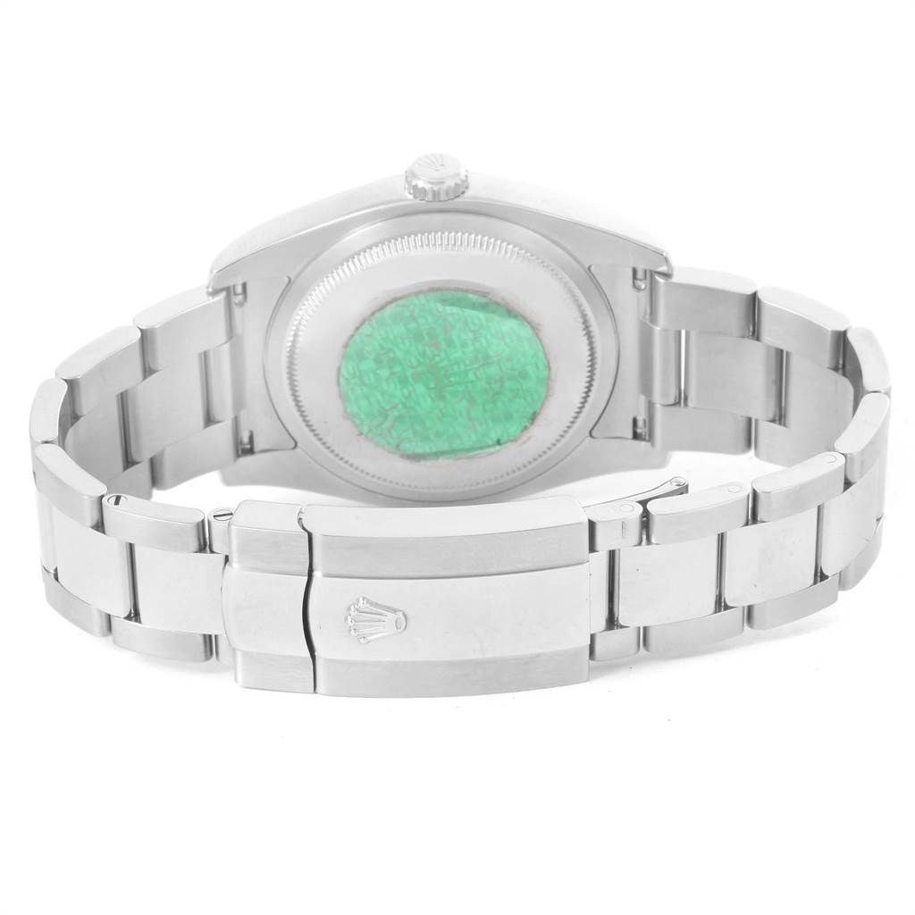 This image shows the back view of a Rolex Datejust 116200 Men's Stainless Steel Blue Dial 116200 Men's Stainless Steel Blue Dial watch, highlighting its case back and part of the bracelet with the clasp.