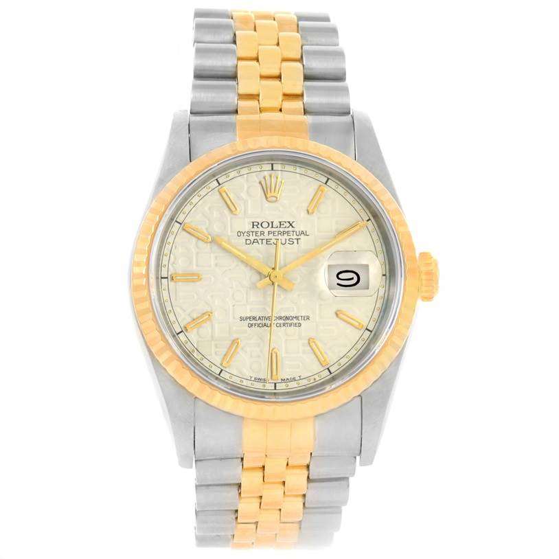 This image shows a front view of a Rolex Datejust 16233 Men's Steel and Gold (two tone) Beige Dial 16233 Men's Steel and Gold (two tone) Beige Dial watch, showcasing its dial, bezel, crown, and two-tone bracelet.