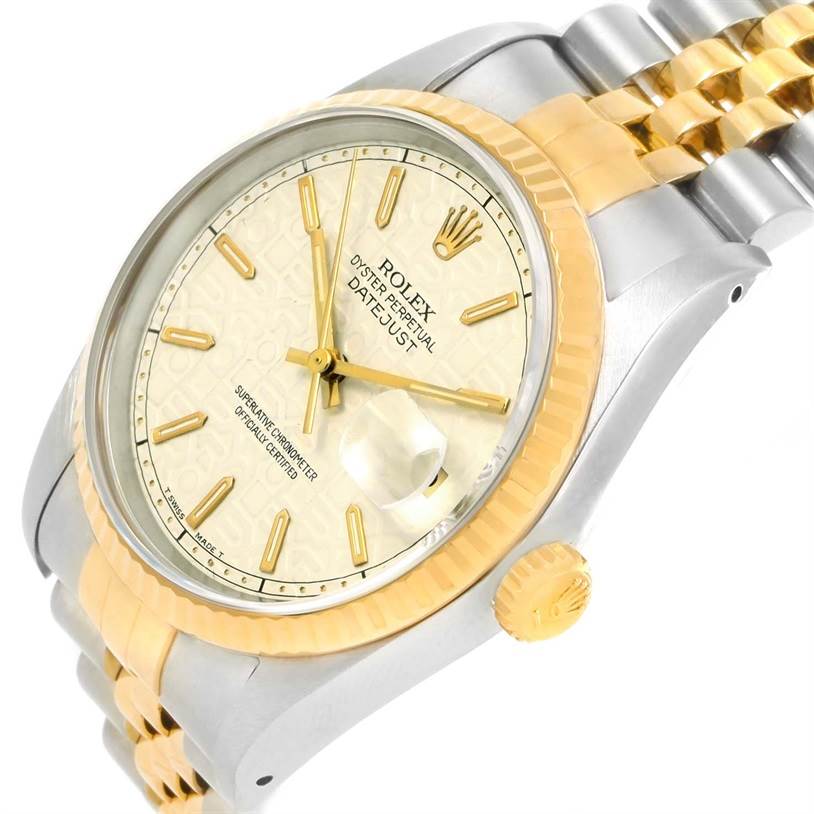 The Rolex Datejust 16233 Men's Steel and Gold (two tone) Beige Dial 16233 Men's Steel and Gold (two tone) Beige Dial watch is shown at a slight angle, highlighting the dial, bezel, crown, and part of the bracelet.