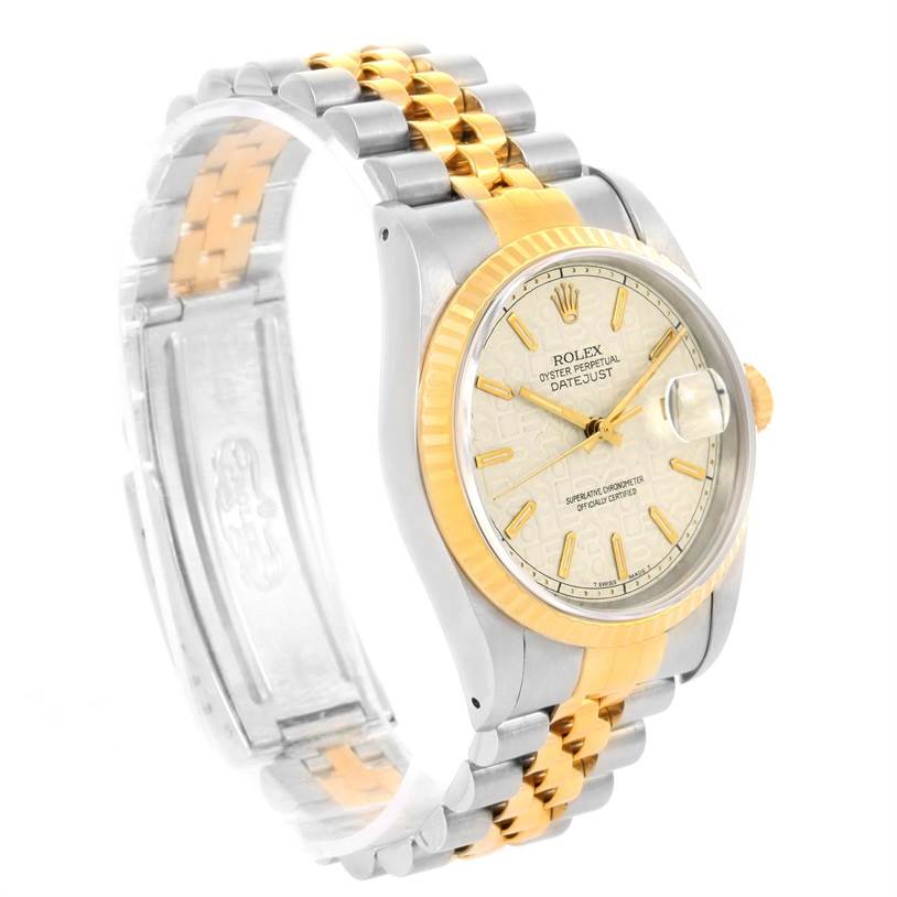 The image shows a Rolex Datejust 16233 Men's Steel and Gold (two tone) Beige Dial 16233 Men's Steel and Gold (two tone) Beige Dial watch from a front-side angle, highlighting the dial, bezel, and two-tone bracelet.