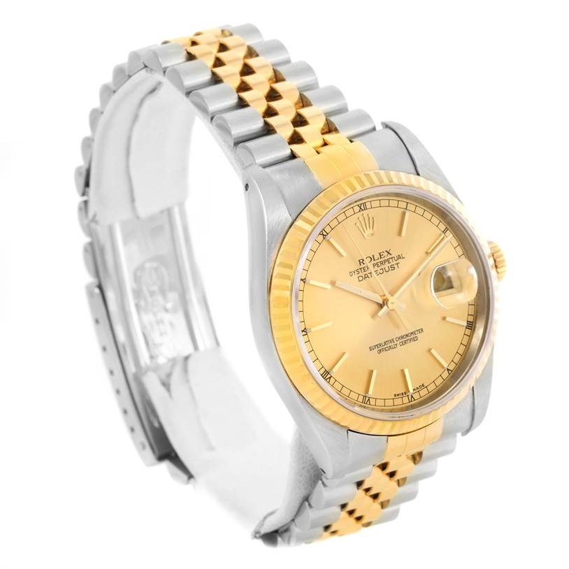 The image shows a gold and silver Rolex Datejust 16233 Steel and Gold (two tone) Champagne Dial 16233 Steel and Gold (two tone) Champagne Dial watch at a slight angle, highlighting the dial, bezel, and two-tone bracelet.