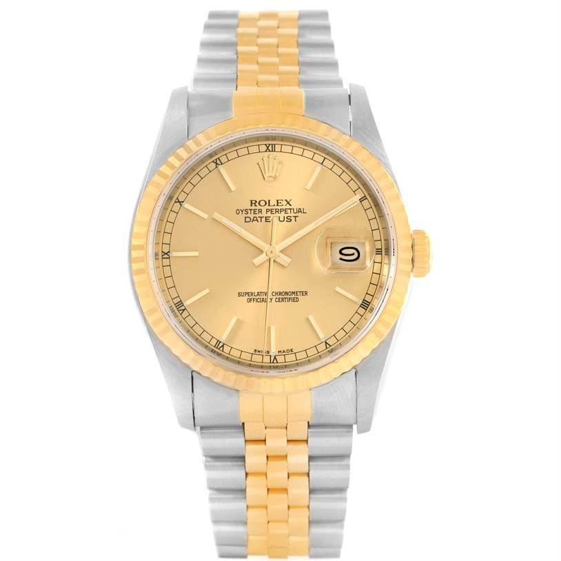 The image shows a Rolex Datejust 16233 Steel and Gold (two tone) Champagne Dial 16233 Steel and Gold (two tone) Champagne Dial watch with a gold dial and two-tone gold and silver bracelet from a front view angle.
