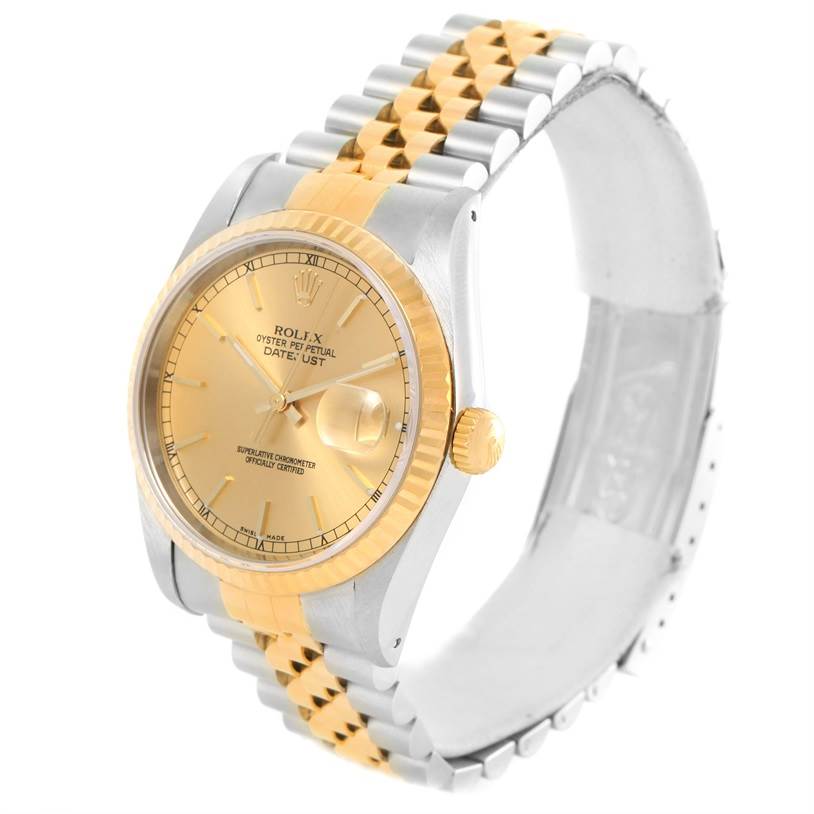 The Rolex Datejust 16233 Steel and Gold (two tone) Champagne Dial 16233 Steel and Gold (two tone) Champagne Dial watch is shown from a front-side angle, showcasing the dial, bezel, and two-tone bracelet.