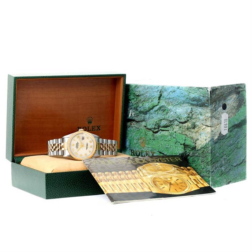 The image shows a Rolex Datejust 16233 Men's Steel and Gold (two tone) Beige Dial 16233 Men's Steel and Gold (two tone) Beige Dial watch with its box, manual, and outer packaging.