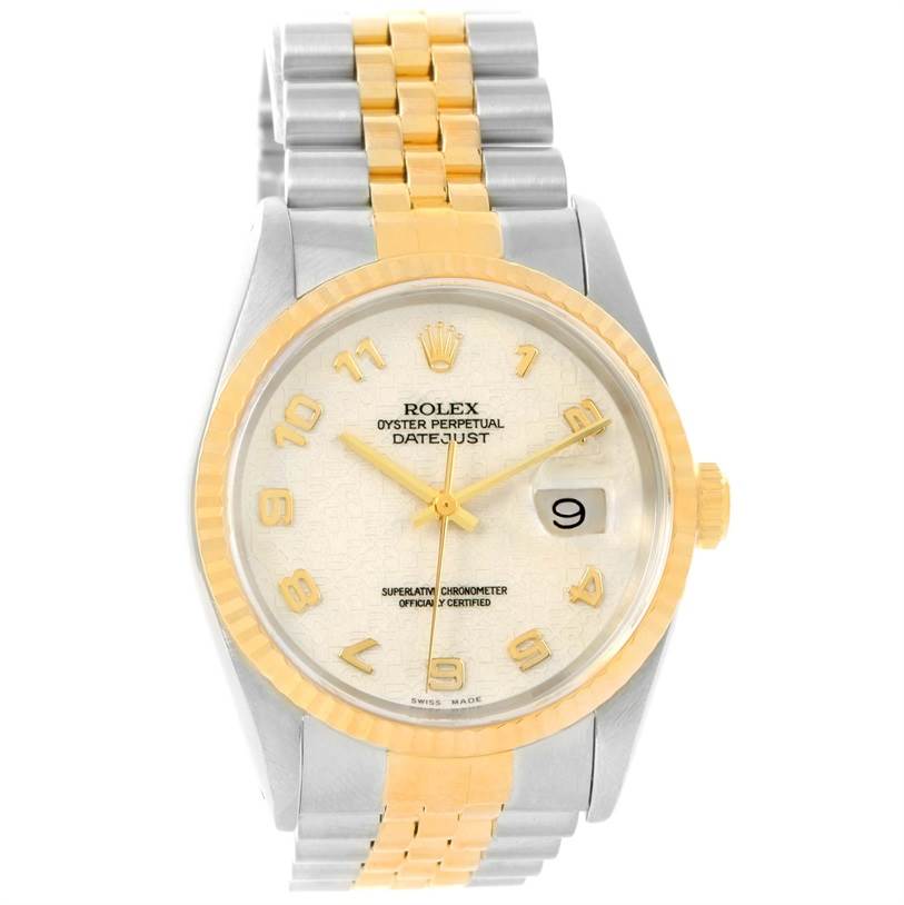 This image shows a Rolex Datejust 16233 Men's Steel and Gold (two tone) Beige Dial 16233 Men's Steel and Gold (two tone) Beige Dial watch front-on with its dial, bezel, and bracelet visible.