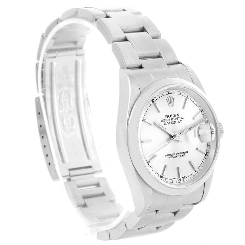 This image shows a Rolex Datejust 16200 Men
s Stainless Steel Silver Dial 16200 Men
s Stainless Steel Silver Dial watch from a three-quarter angle, highlighting the dial, crown, and bracelet.
