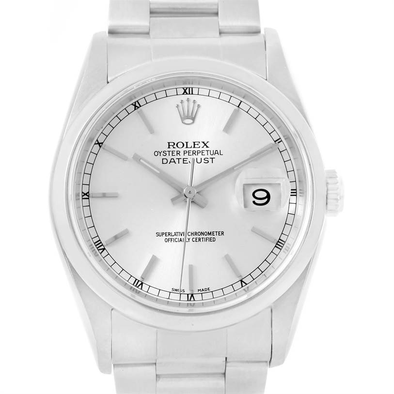 The image shows the Rolex Datejust 16200 Men
s Stainless Steel Silver Dial 16200 Men
s Stainless Steel Silver Dial watch from a front angle, capturing the dial, hands, date window, and part of the bracelet.