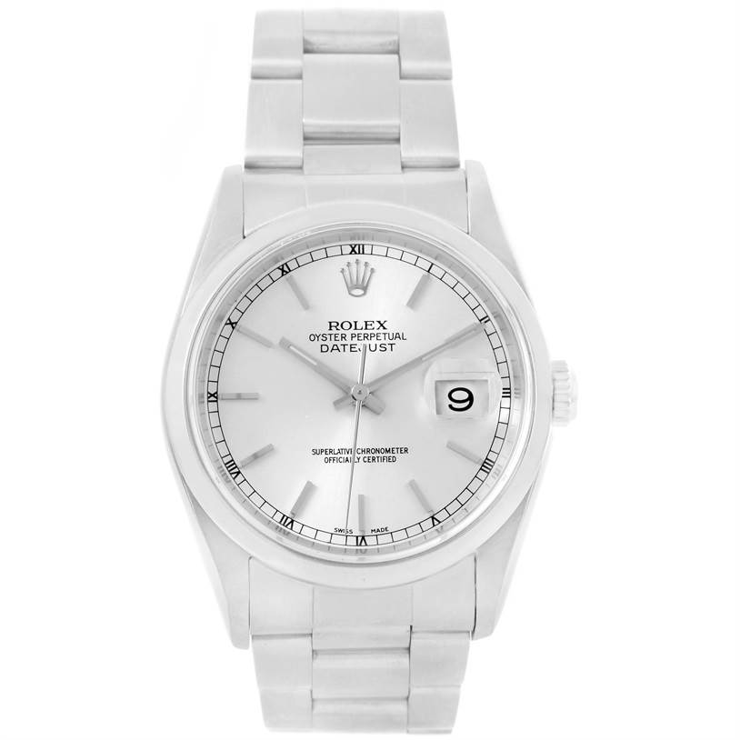 This image shows a Rolex Datejust 16200 Men
s Stainless Steel Silver Dial 16200 Men
s Stainless Steel Silver Dial watch from a front view, displaying the dial, bracelet, and case.