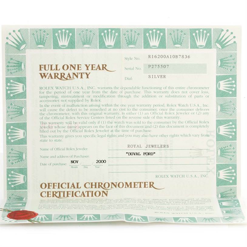 The image shows a warranty certificate for the Rolex Datejust 16200 Men
s Stainless Steel Silver Dial 16200 Men
s Stainless Steel Silver Dial model with green and white borders.