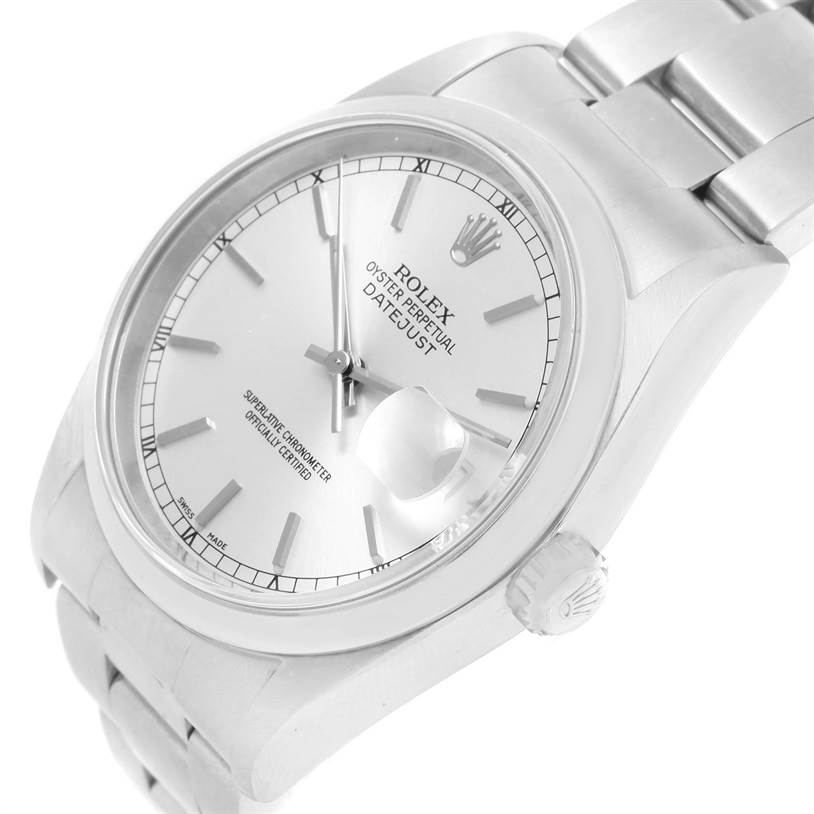 The image shows a Rolex Datejust 16200 Men
s Stainless Steel Silver Dial 16200 Men
s Stainless Steel Silver Dial watch from an angled view, highlighting the dial, case, crown, and part of the bracelet.