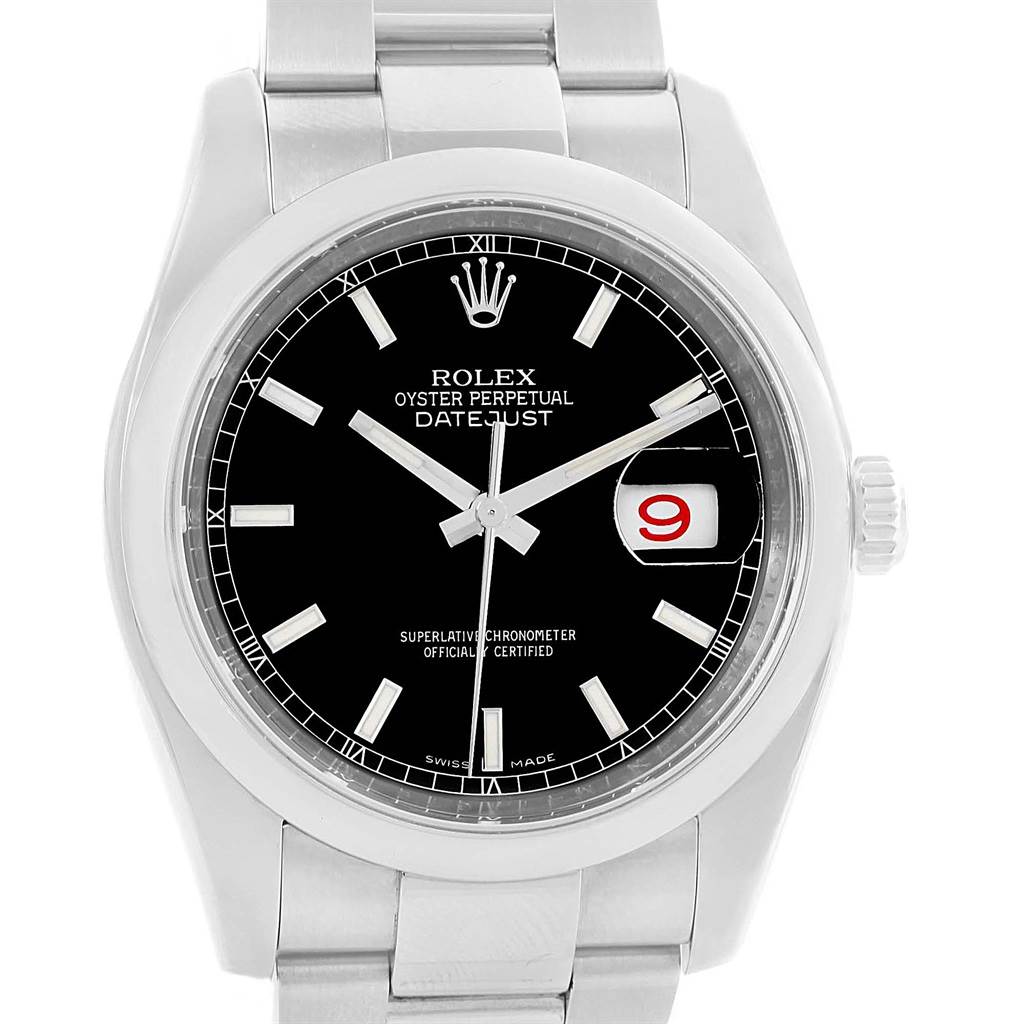 This is a front view of a Rolex Datejust 116200 Men's Stainless Steel Black Dial 116200 Men's Stainless Steel Black Dial watch, showing the black dial, hands, date window, and stainless steel bracelet.