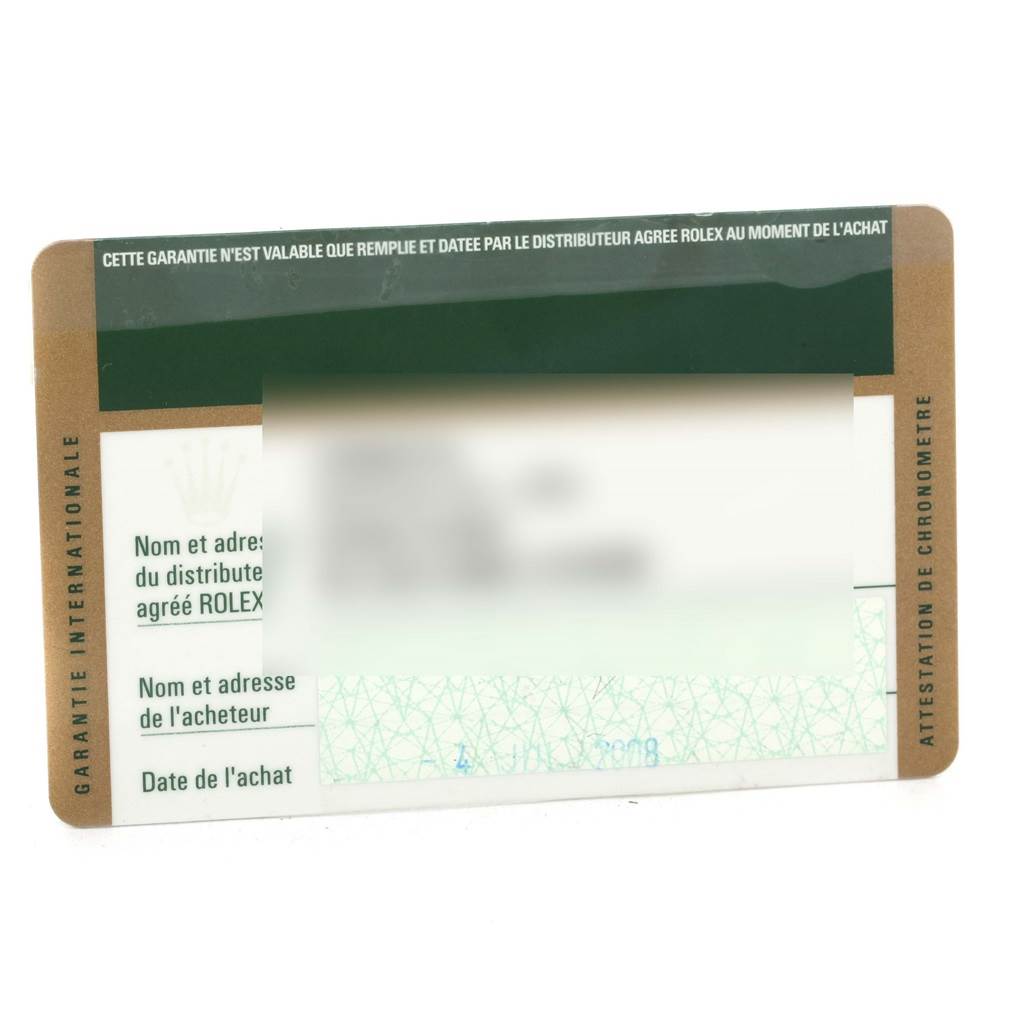 The image shows a guarantee card for a Rolex Datejust 116200 Men's Stainless Steel Black Dial 116200 Men's Stainless Steel Black Dial watch, including the brand, distributor, and purchase details.