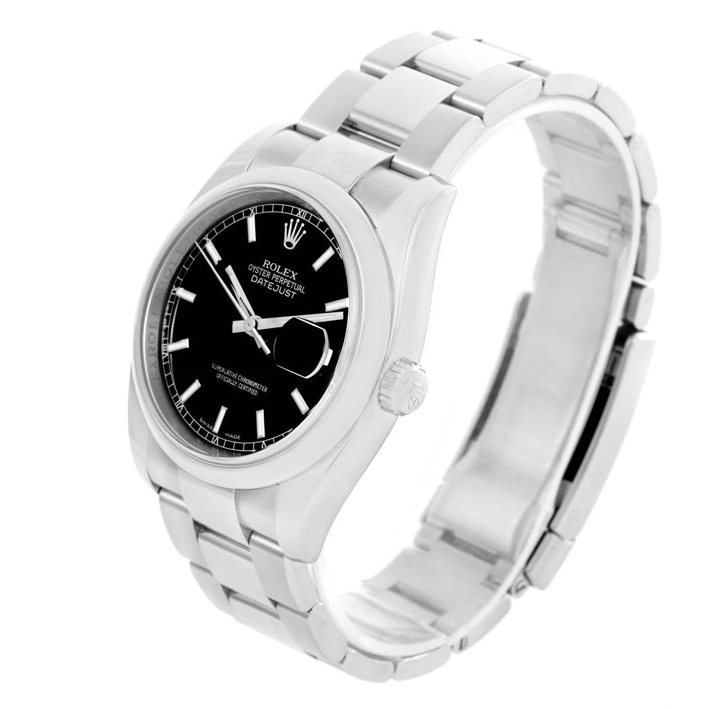 The image shows a side and front angle of a Rolex Datejust 116200 Men's Stainless Steel Black Dial 116200 Men's Stainless Steel Black Dial watch with a stainless steel band and black dial.