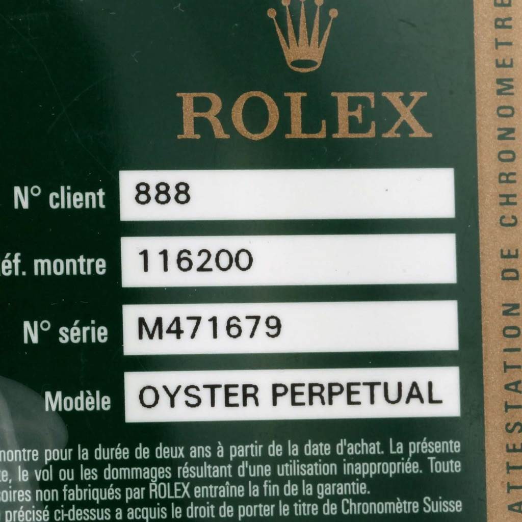 The image shows a close-up of the Rolex Datejust 116200 Men's Stainless Steel Black Dial 116200 Men's Stainless Steel Black Dial model watch warranty card, detailing the model, serial, and client numbers.