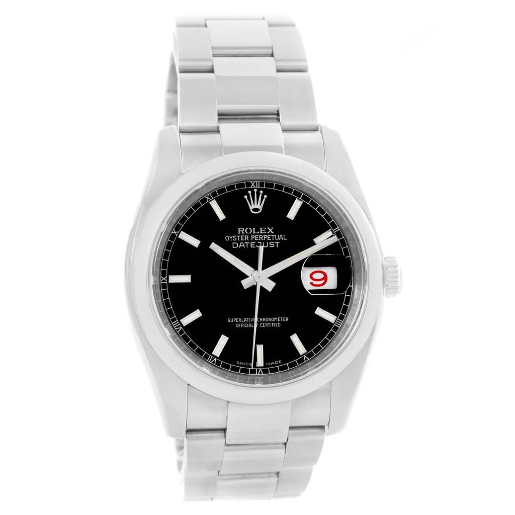 This image shows a front view of a Rolex Datejust 116200 Men's Stainless Steel Black Dial 116200 Men's Stainless Steel Black Dial watch, featuring the black dial and stainless steel bracelet.