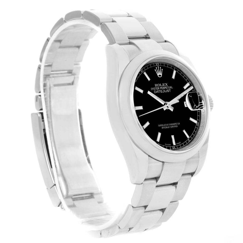 This image shows a side angle of the Rolex Datejust 116200 Men's Stainless Steel Black Dial 116200 Men's Stainless Steel Black Dial watch highlighting its bracelet, case, and black dial.