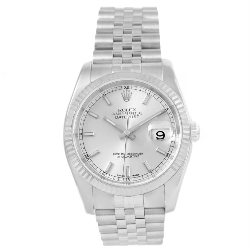 The image shows a Rolex Datejust 116234 Men's Stainless Steel Silver Dial 116234 Men's Stainless Steel Silver Dial watch with a full frontal view, highlighting its dial, bezel, bracelet, crown, and date window.