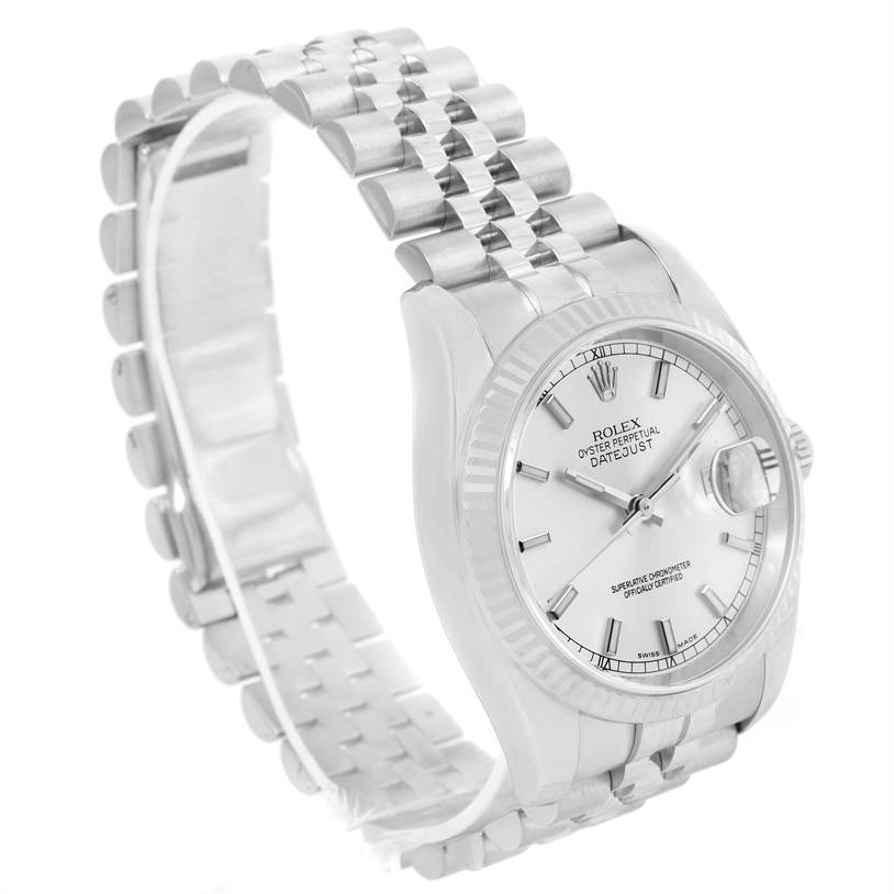 The Rolex Datejust 116234 Men's Stainless Steel Silver Dial 116234 Men's Stainless Steel Silver Dial watch is shown at a three-quarter angle, displaying the dial, bracelet, and side profile.