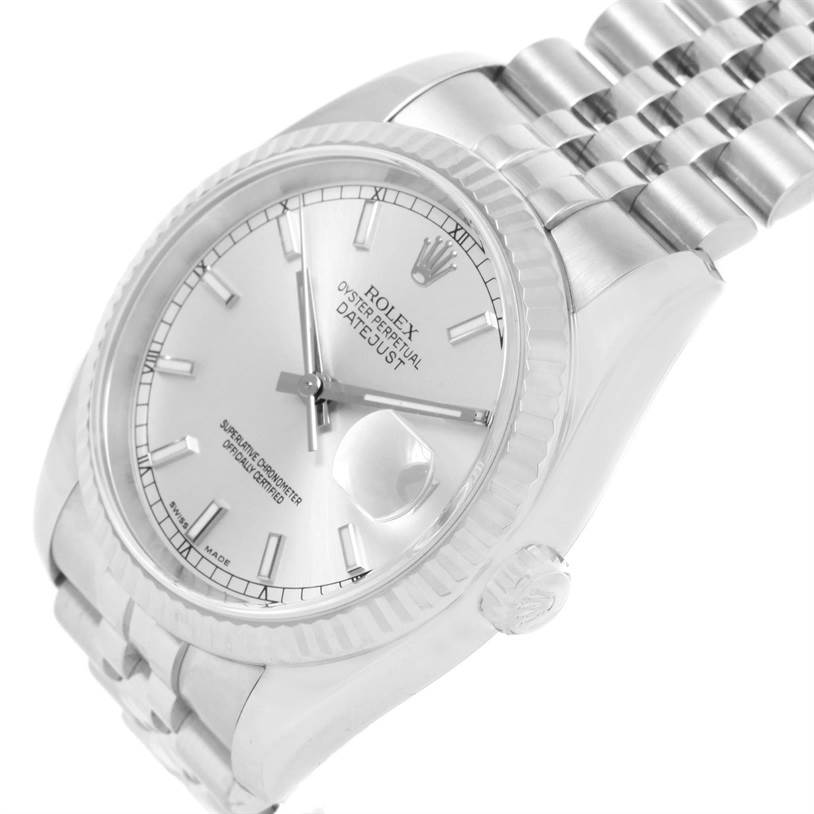 The image shows a close-up angle of the Rolex Datejust 116234 Men's Stainless Steel Silver Dial 116234 Men's Stainless Steel Silver Dial watch, focusing on the dial, case, and partial bracelet.